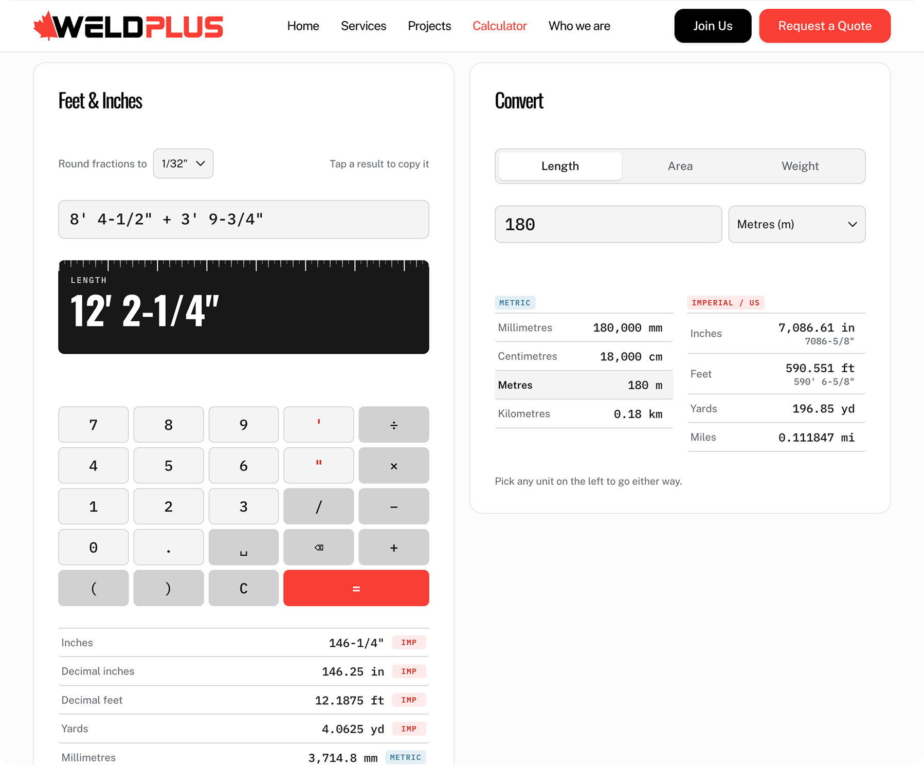 Weld Plus feet and inches calculator and unit converter