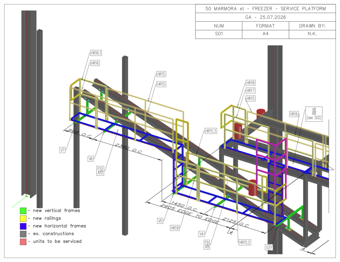 Fabrication shop drawing with member dimensions and piece marks