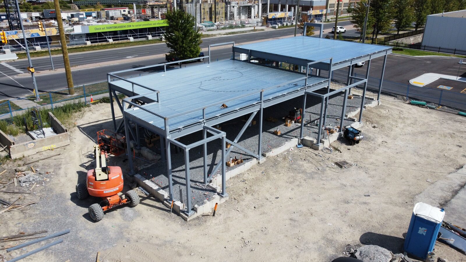 Burger King restaurant steel frame and roof deck, Whitby, Ontario